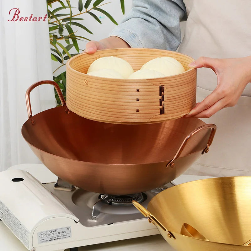 Chinese Food Grade 34cm Domestic Non-stick Double Ear One Handle Round Bottom Cooking Wok Stainless Steel Pot Holder