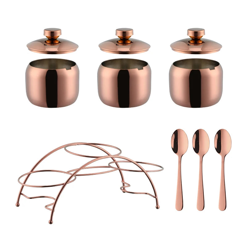 Kitchen Accessories Stainless Steel Cruet Seasonings Condiment Containers Spice Jar Bowl with Cover Spoon