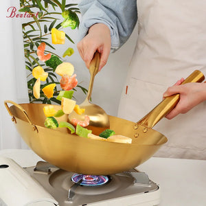 Chinese Food Grade 34cm Domestic Non-stick Double Ear One Handle Round Bottom Cooking Wok Stainless Steel Pot Holder