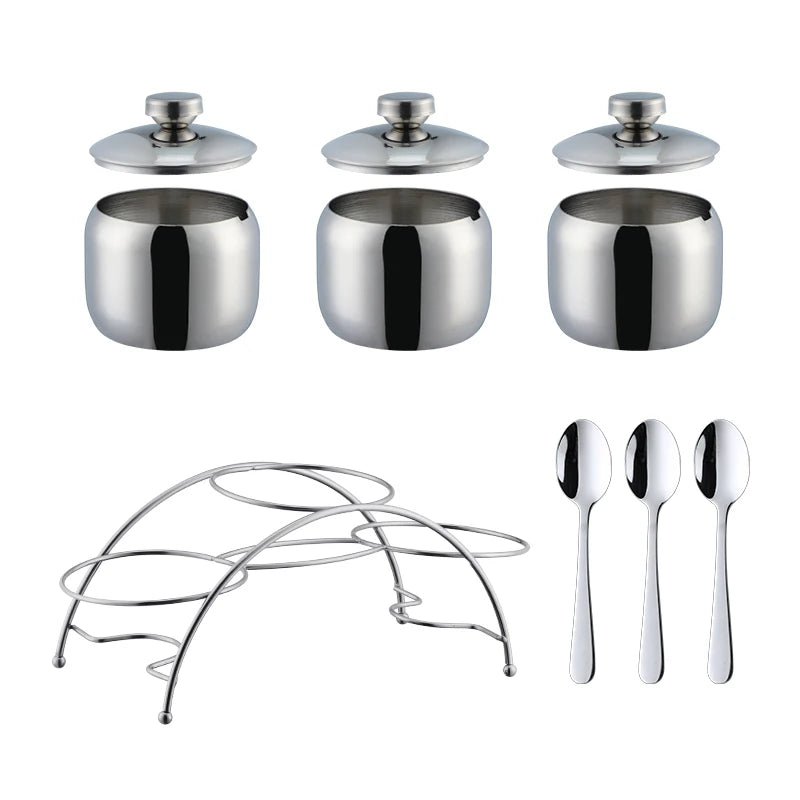 Kitchen Accessories Stainless Steel Cruet Seasonings Condiment Containers Spice Jar Bowl with Cover Spoon