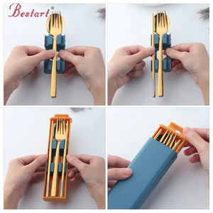 Wholesale Latest Design Cutlery Picnic Portable Camping Spoon Chopsticks Set  Modern Gold Stainless Steel Flatware Set with Box