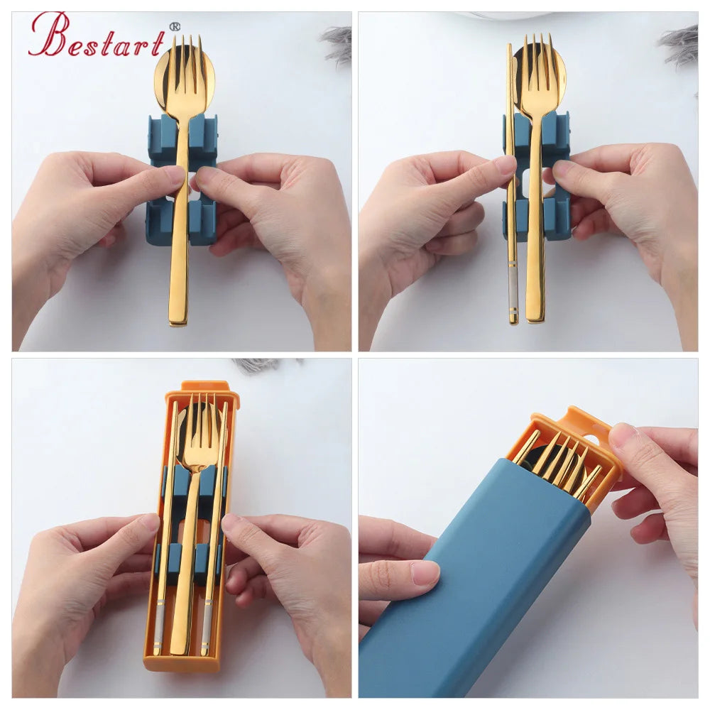 Wholesale Latest Design Cutlery Picnic Portable Camping Spoon Chopsticks Set  Modern Gold Stainless Steel Flatware Set with Box