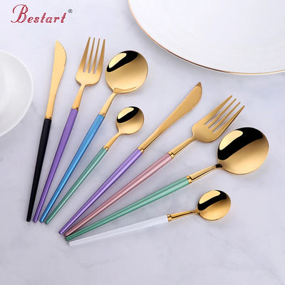 Matte Gold Stainless Steel Flatware Sets Polish Mirror Cutlery with Plastic Handles for Food for Weddings