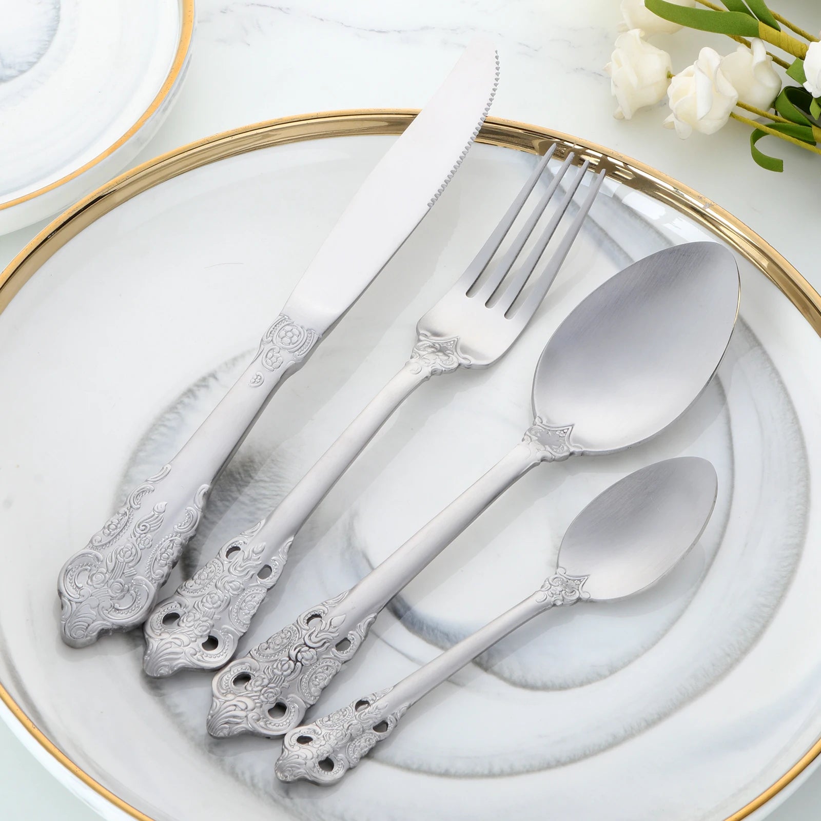 Eco Friendly Royal Vintage Flatware Gold Plated Silverware Stainless Steel Luxury Cutlery Set