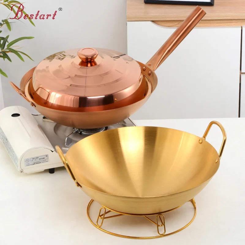 Chinese Food Grade 34cm Domestic Non-stick Double Ear One Handle Round Bottom Cooking Wok Stainless Steel Pot Holder