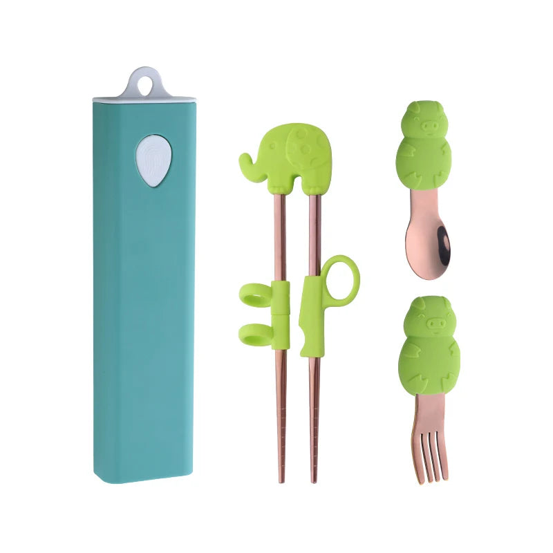 Buyer Star Children Silicone Portable Chopsticks Spoon Fork Flatware Set Travel Portable Stainless Steel Cutlery Set