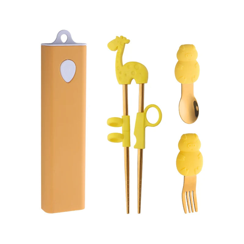 Buyer Star Children Silicone Portable Chopsticks Spoon Fork Flatware Set Travel Portable Stainless Steel Cutlery Set