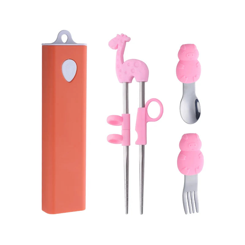 Buyer Star Children Silicone Portable Chopsticks Spoon Fork Flatware Set Travel Portable Stainless Steel Cutlery Set