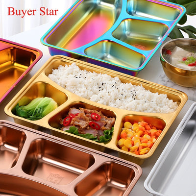 Buyerstar Dinner Plate with Gift Spoon Stainless Steel Gold Divided Tray Lunch Container