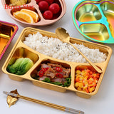 Buyerstar Dinner Plate with Gift Spoon Stainless Steel Gold Divided Tray Lunch Container