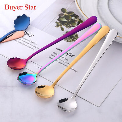 1PC Flowers Design Gold Spoon Long Handle Stainless Steel Dessert Tea Coffee Mixing Spoon Honey Teaspoons Drink Cafe Tableware