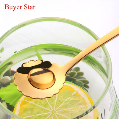 1PC Flowers Design Gold Spoon Long Handle Stainless Steel Dessert Tea Coffee Mixing Spoon Honey Teaspoons Drink Cafe Tableware