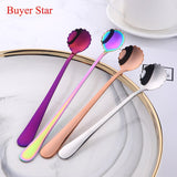 1PC Flowers Design Gold Spoon Long Handle Stainless Steel Dessert Tea Coffee Mixing Spoon Honey Teaspoons Drink Cafe Tableware