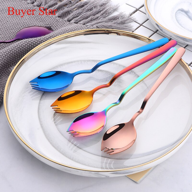 3 in 1 Sporks Dessert Fork Spoon Stainless Steel Curved Handle Dessert Kitchen Tableware Tools