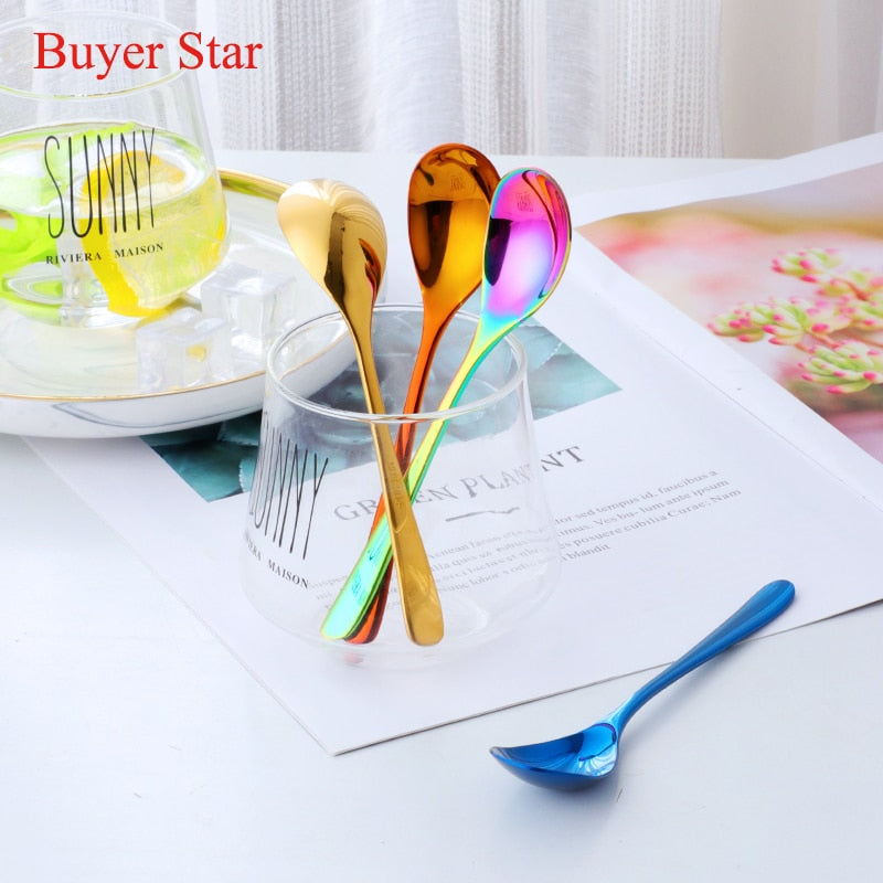 Short Handle Stainless Steel Ice Spoon Colorful Cold Drink Fruit Mixing Spoons Coffee Ice Cream