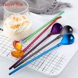 Stainless Steel Long Metal Drinking Straw Spoon with Cleaning Brush Tea Coffee Bar Kitchen Party Drink Accessories