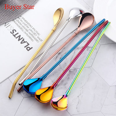 Stainless Steel Long Metal Drinking Straw Spoon with Cleaning Brush Tea Coffee Bar Kitchen Party Drink Accessories