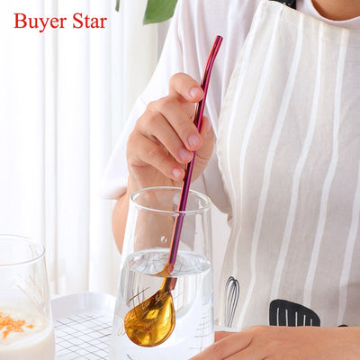 Stainless Steel Long Metal Drinking Straw Spoon with Cleaning Brush Tea Coffee Bar Kitchen Party Drink Accessories