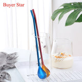 Stainless Steel Long Metal Drinking Straw Spoon with Cleaning Brush Tea Coffee Bar Kitchen Party Drink Accessories