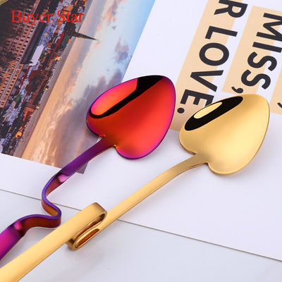 Creative Stainless Steel Heart Shape Coffee Dessert Sugar Spoons Hanging Cup Ice Cream Teaspoon for Drinking Kitchen Accessories