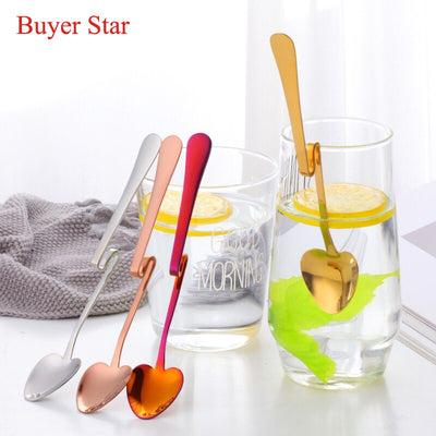 Creative Stainless Steel Heart Shape Coffee Dessert Sugar Spoons Hanging Cup Ice Cream Teaspoon for Drinking Kitchen Accessories