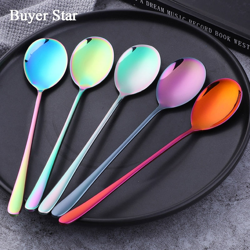 Colorful Coffee Spoon Stainless Steel Long Handle Tablespoon Korean Mixing Spoons Set Dessert Long Ice Kitchen Scoop