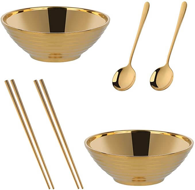 Buyer Star Rainbow Ramen Noodle Soup Bowl Double Layer 18/8 Stainless Steel Bowl with Matching Spoon and Chopsticks