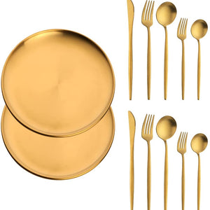 Buyer Star Matt Rainbow Silverware Set Plate Set for 2 Stainless Steel Flatware Salad Plates Kitchen Accessories Iridescent Utensils Dish Knives Forks Spoons Cutlery Set, Dishwasher Safe, Colorful