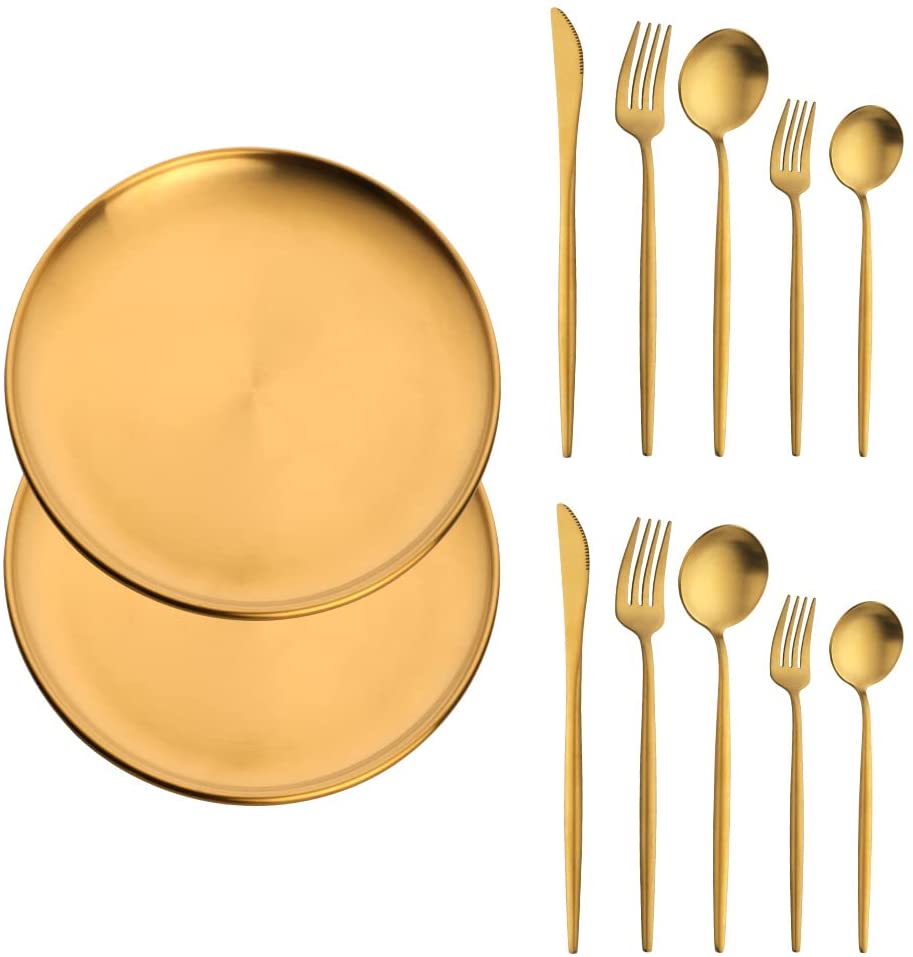 Buyer Star Matt Rainbow Silverware Set Plate Set for 2 Stainless Steel Flatware Salad Plates Kitchen Accessories Iridescent Utensils Dish Knives Forks Spoons Cutlery Set, Dishwasher Safe, Colorful
