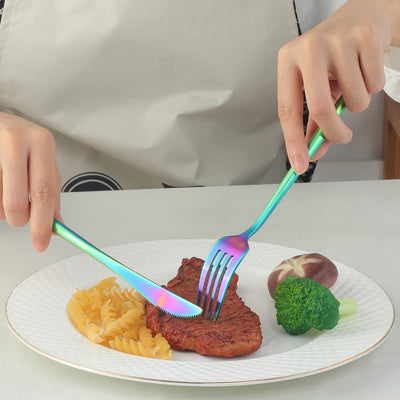 Buyer Star Matt Rainbow Silverware Set Plate Set for 2 Stainless Steel Flatware Salad Plates Kitchen Accessories Iridescent Utensils Dish Knives Forks Spoons Cutlery Set, Dishwasher Safe, Colorful
