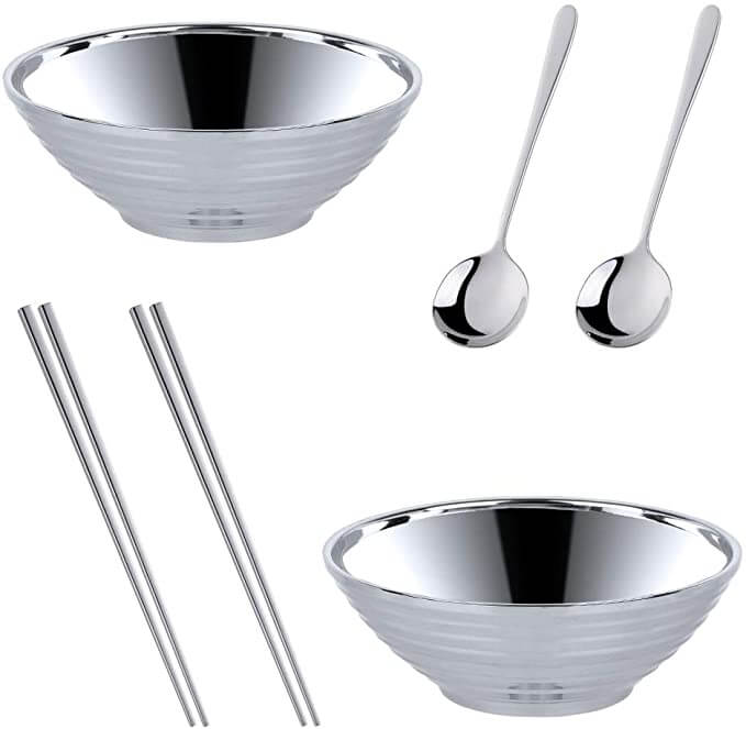Buyer Star Rainbow Ramen Noodle Soup Bowl Double Layer 18/8 Stainless Steel Bowl with Matching Spoon and Chopsticks