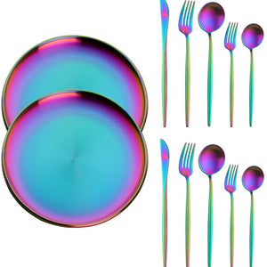 Buyer Star Matt Rainbow Silverware Set Plate Set for 2 Stainless Steel Flatware Salad Plates Kitchen Accessories Iridescent Utensils Dish Knives Forks Spoons Cutlery Set, Dishwasher Safe, Colorful