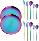 Buyer Star Matt Rainbow Silverware Set Plate Set for 2 Stainless Steel Flatware Salad Plates Kitchen Accessories Iridescent Utensils Dish Knives Forks Spoons Cutlery Set, Dishwasher Safe, Colorful