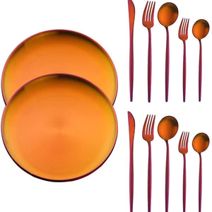 Buyer Star Matt Rainbow Silverware Set Plate Set for 2 Stainless Steel Flatware Salad Plates Kitchen Accessories Iridescent Utensils Dish Knives Forks Spoons Cutlery Set, Dishwasher Safe, Colorful