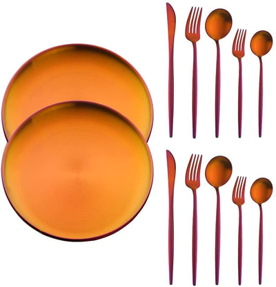 Buyer Star Matt Rainbow Silverware Set Plate Set for 2 Stainless Steel Flatware Salad Plates Kitchen Accessories Iridescent Utensils Dish Knives Forks Spoons Cutlery Set, Dishwasher Safe, Colorful