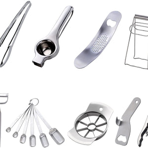 Buyer Star Kitchen Accessories Set Garlic Press Bottler Wine Opener Measuring Spoons Lemon Squeezer Vegetable Peeler Apple Cutter Kitchen Tongs Dish Holder Ice Tongs For Kitchen, Dish Washer Safe,Gold