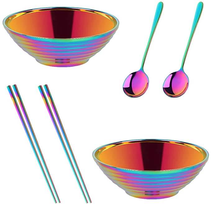 Buyer Star Rainbow Ramen Noodle Soup Bowl Double Layer 18/8 Stainless Steel Bowl with Matching Spoon and Chopsticks