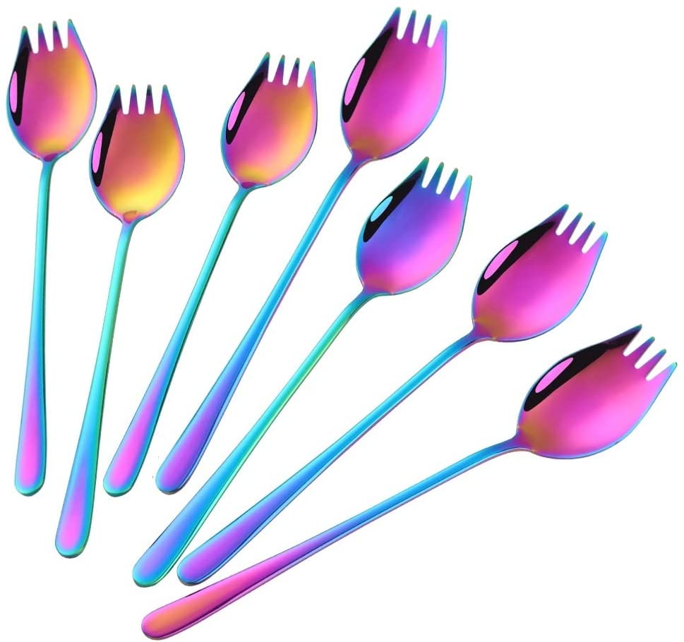 Buyer Star Sporks Metal 7-pack Stainless Steel Sporks for Everyday Household Use Spoon & Salad Forks, Fruit Appetizer Dessert (Rainbow)