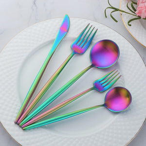 Buyer Star Matt Rainbow Silverware Set Plate Set for 2 Stainless Steel Flatware Salad Plates Kitchen Accessories Iridescent Utensils Dish Knives Forks Spoons Cutlery Set, Dishwasher Safe, Colorful
