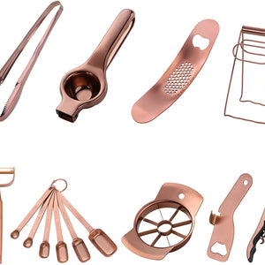 Buyer Star Kitchen Accessories Set Garlic Press Bottler Wine Opener Measuring Spoons Lemon Squeezer Vegetable Peeler Apple Cutter Kitchen Tongs Dish Holder Ice Tongs For Kitchen, Dish Washer Safe,Gold