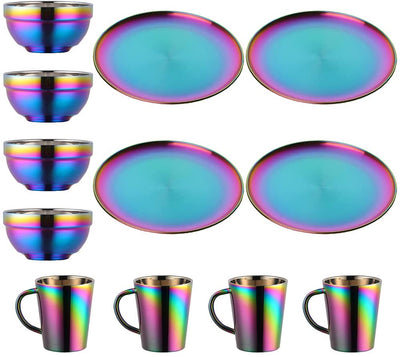 Plate and Bowl Sets, Stainless Steel Rainbow Dishes Bowls Mugs Kitchen Dinnerware Set Service for 4 (Rainbow, 9 inch plate/5.1 inch bowl/cups)