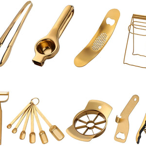 Buyer Star Kitchen Accessories Set Garlic Press Bottler Wine Opener Measuring Spoons Lemon Squeezer Vegetable Peeler Apple Cutter Kitchen Tongs Dish Holder Ice Tongs For Kitchen, Dish Washer Safe,Gold
