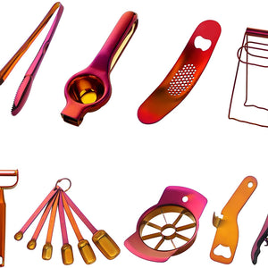 Buyer Star Kitchen Accessories Set Garlic Press Bottler Wine Opener Measuring Spoons Lemon Squeezer Vegetable Peeler Apple Cutter Kitchen Tongs Dish Holder Ice Tongs For Kitchen, Dish Washer Safe,Gold