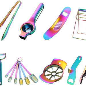 Buyer Star Kitchen Accessories Set Garlic Press Bottler Wine Opener Measuring Spoons Lemon Squeezer Vegetable Peeler Apple Cutter Kitchen Tongs Dish Holder Ice Tongs For Kitchen, Dish Washer Safe,Gold