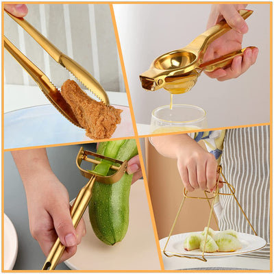 Gold Kitchen Accessories Set Tools Garlic Press Bottler Wine Opener Measuring Spoons Lemon Squeezer Vegetable Peeler Apple Cutter Kitchen Tongs Dish Holder Ice Tongs, Buyer Star, Dish Washer Safe