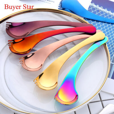 Creative Stainless Steel Dessert Spoon Fork 2 in 1 with Long Handle Kitchen Accessories