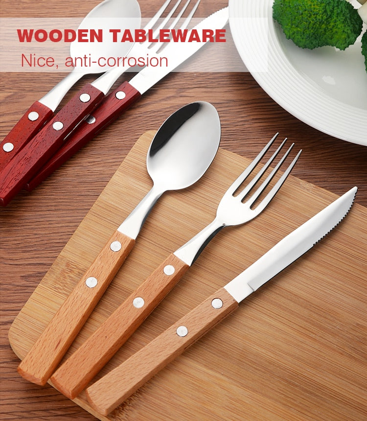 Wooden Handle Stainless Steel Flatware Set Cutlery Stainless Steel Flatware Set