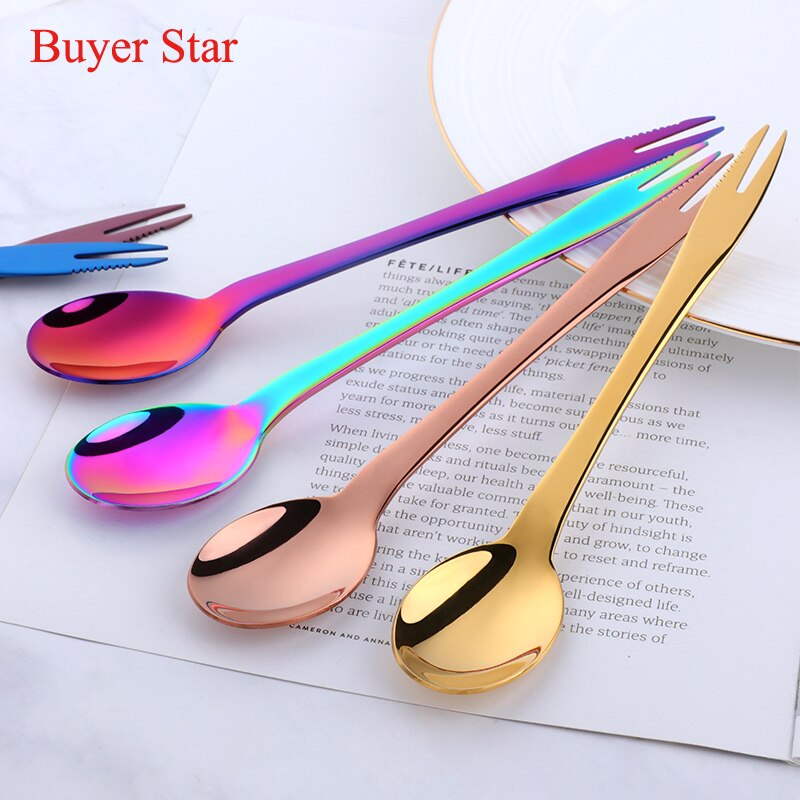 Stainless Steel Dessert Spoon with Serrated Edge Spoon Fork Knife 3 in 1 Kitchen Tools