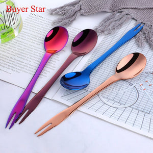 Stainless Steel Dessert Spoon with Serrated Edge Spoon Fork Knife 3 in 1 Kitchen Tools